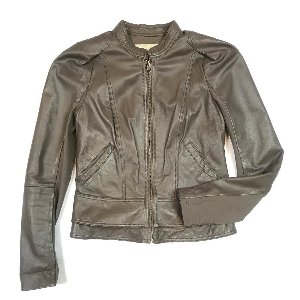 Hinge Puff Shoulder Gray fitted Leather Jacket S - Picture 2 of 12